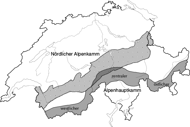 Alpenhauptkamm, nördlicher Alpenkamm und innerlalpine Gebiete
